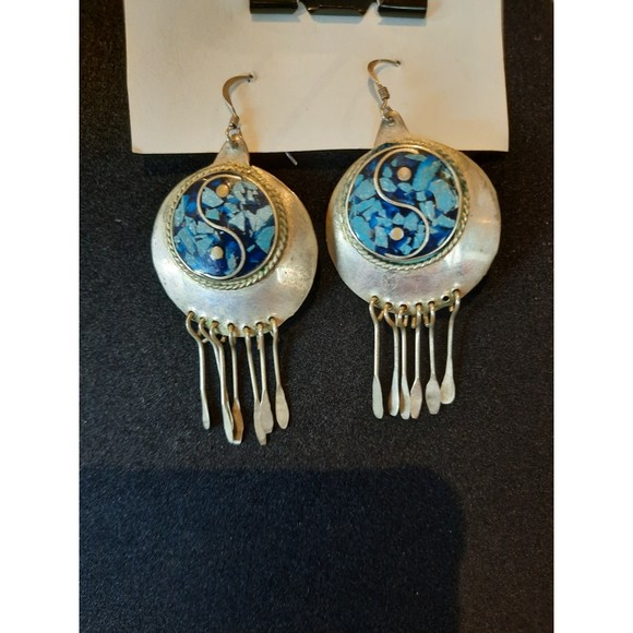 Vintage Mexico, Silver Yin Yang Turquoise Dangle Pierced Earrings - Picture 1 of 5